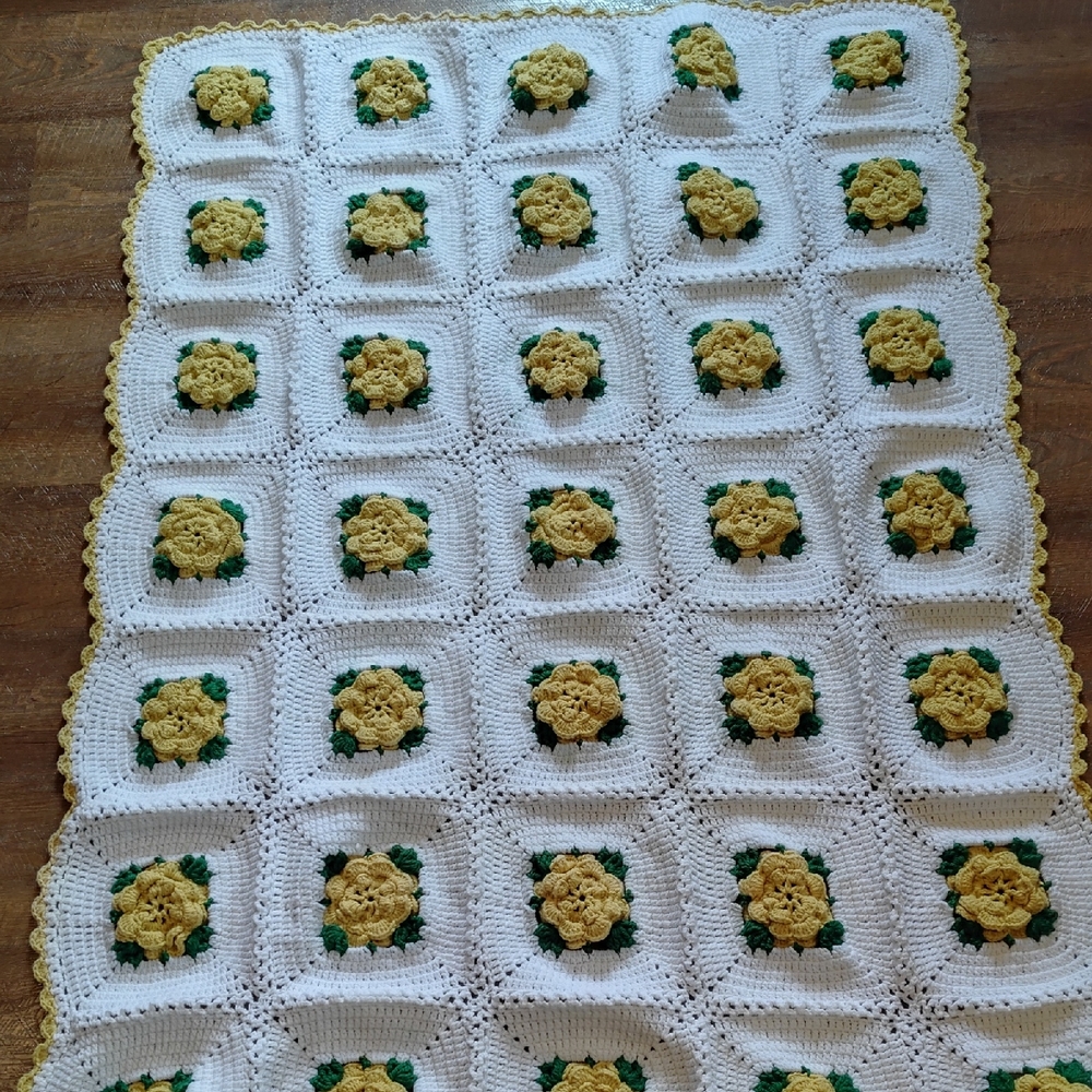 Handmade Crochet Blanket with Yellow Floral Design